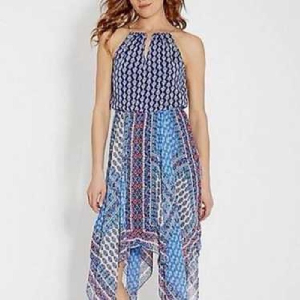 Maurices Asymmetrical Handkerchief Boho Dress Womens Sz M Blue Floral Geometric